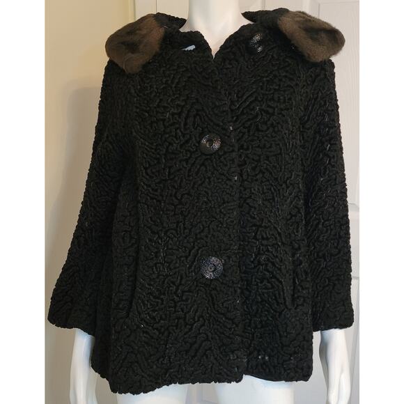 Vintage Black Curly Persian Lamb Jacket Coat Faux Mink Collar 1960s Size L - Picture 1 of 9
